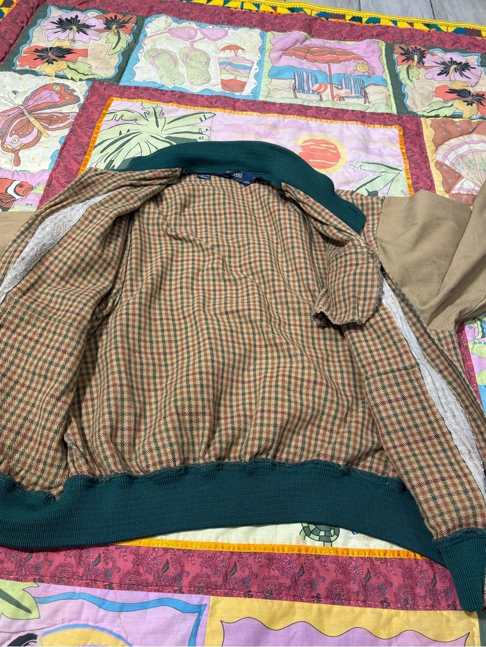 VINTAGE 80s 90s Polo Ralph Lauren Plaid Wool Bomber Jacket Beige Green